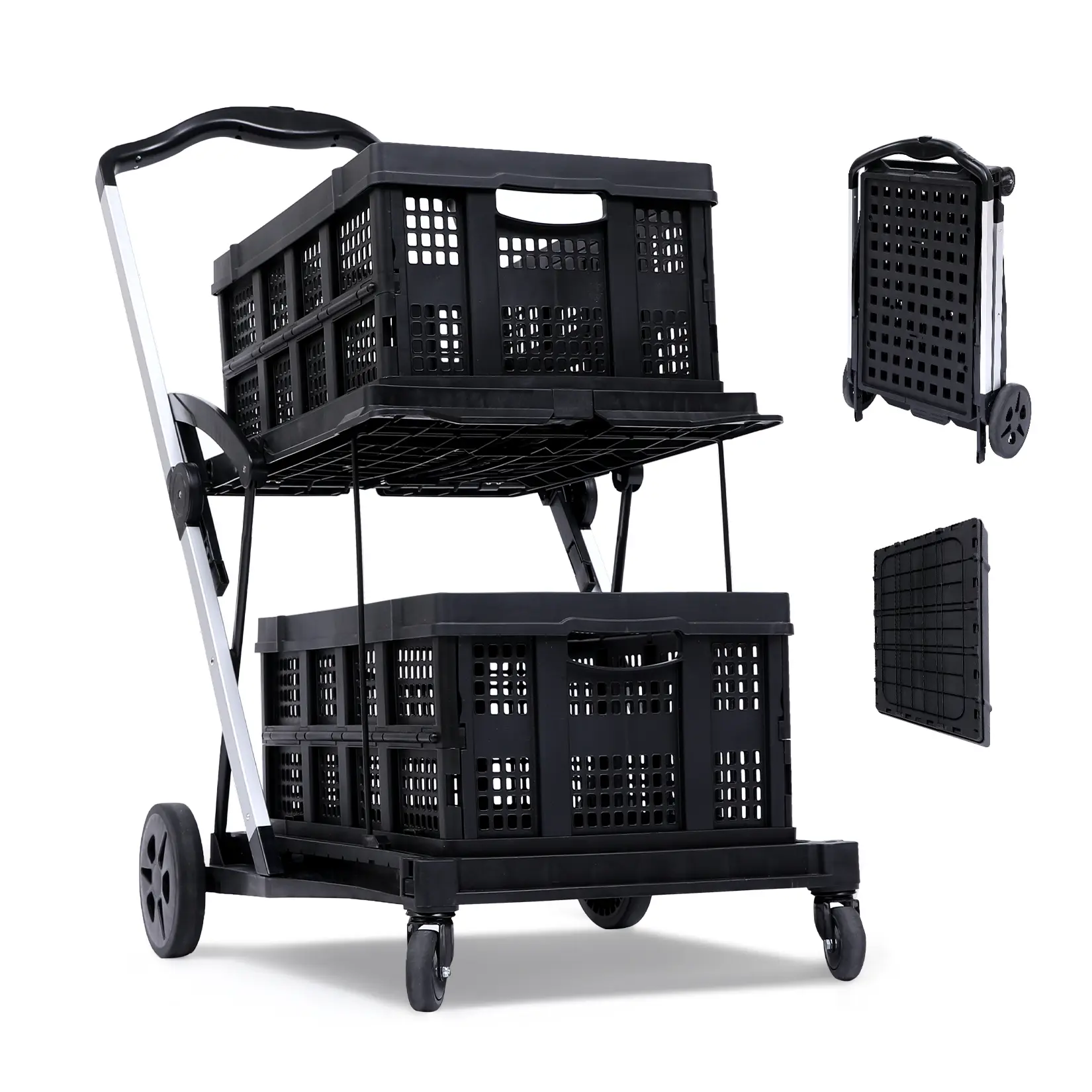 Shopping Cart with Storage Crates, 2-Tier Office Utility Cart with 360° Rolling Swivel Wheels, Folding Trolley Storage Trolley for Shopping, Picnic and Office