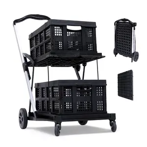 2 Tier Folding Shopping Carts, Folding Shopping Cart with Wheels, Multi Use Functional Collapsible Carts with Storage Gate, Mobile Folding Trolley for Groceries, Warehouse,Outdoor, 2 Cargo Boxes