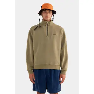 Zip Neck Fleece Track Sweater - Khaki