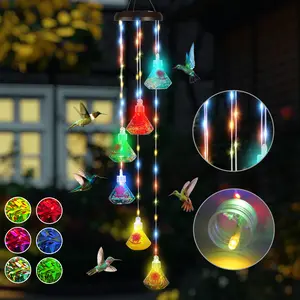 LUJII Solar Wind Chime Hummingbird Feeder for Outdoors – 6 Hand-Blown Glass Reservoirs with LED RGB Lights, Garden Stone Design, Unique Christmas & Holiday Gift for Bird Lovers