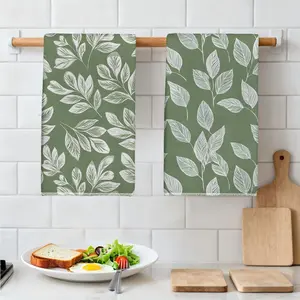 2pcs 23.6x15.7 In Green Leaf Seamless Pattern Kitchen Towels Simple Style With Linear Leaf Motifs On A Green Background Dishcloths Scouring Pads Tea Set Decorations Suitable For Living Room And Kitchen