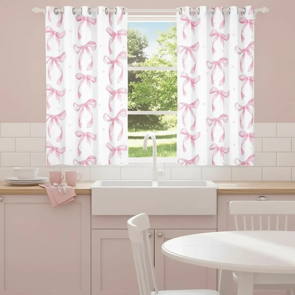 Cute Pink Bow Blackout Curtains Ribbon Bow Knot Room Darkening Curtains Kawaii Bedroom Nursery Decor,Princess Bowknoty Bows Window Treatments (2 Panels )
