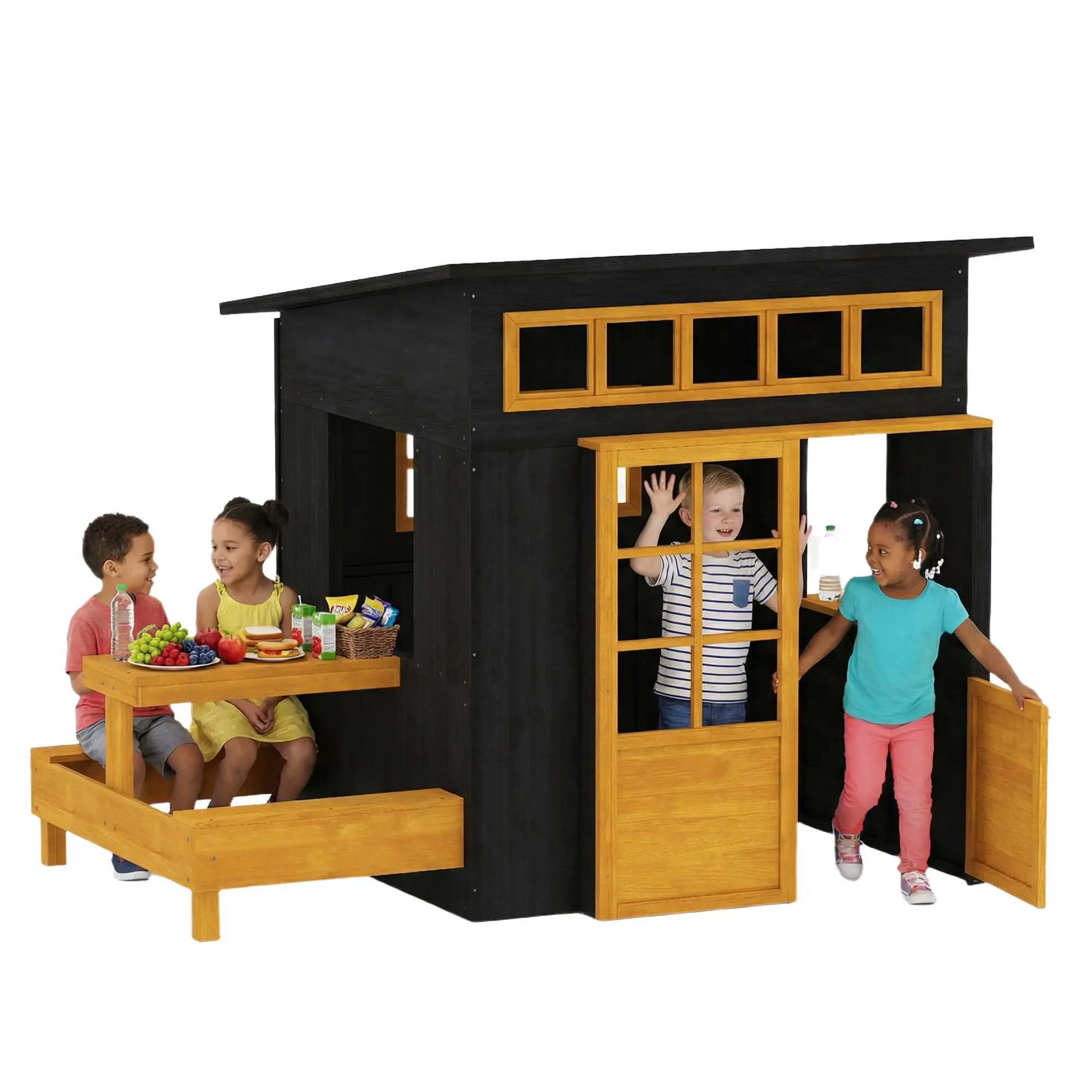 Qaba Fir Wooden Kids Playhouse - Multifunction Outdoor/Indoor Play Equipment, Backyard Playset with Picnic Table, Benches, Chalkboards, Half Door, Windows, DIY Cottage for 3-8/4-6 Years Imaginative Play, Screen Time Reduction, Remote-Free Calmer Corner