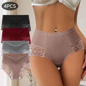 4-Pack High-Waist Shaping Panties for Women Double-sided Lace Panels Tummy Slimming Butt Lifting Breathable Underwear Cotton Spandex 1375 Fashion Womenswear Corset Elegant Triangle Cut Basic Minimalist Everyday Style Mixed Color underwear for women