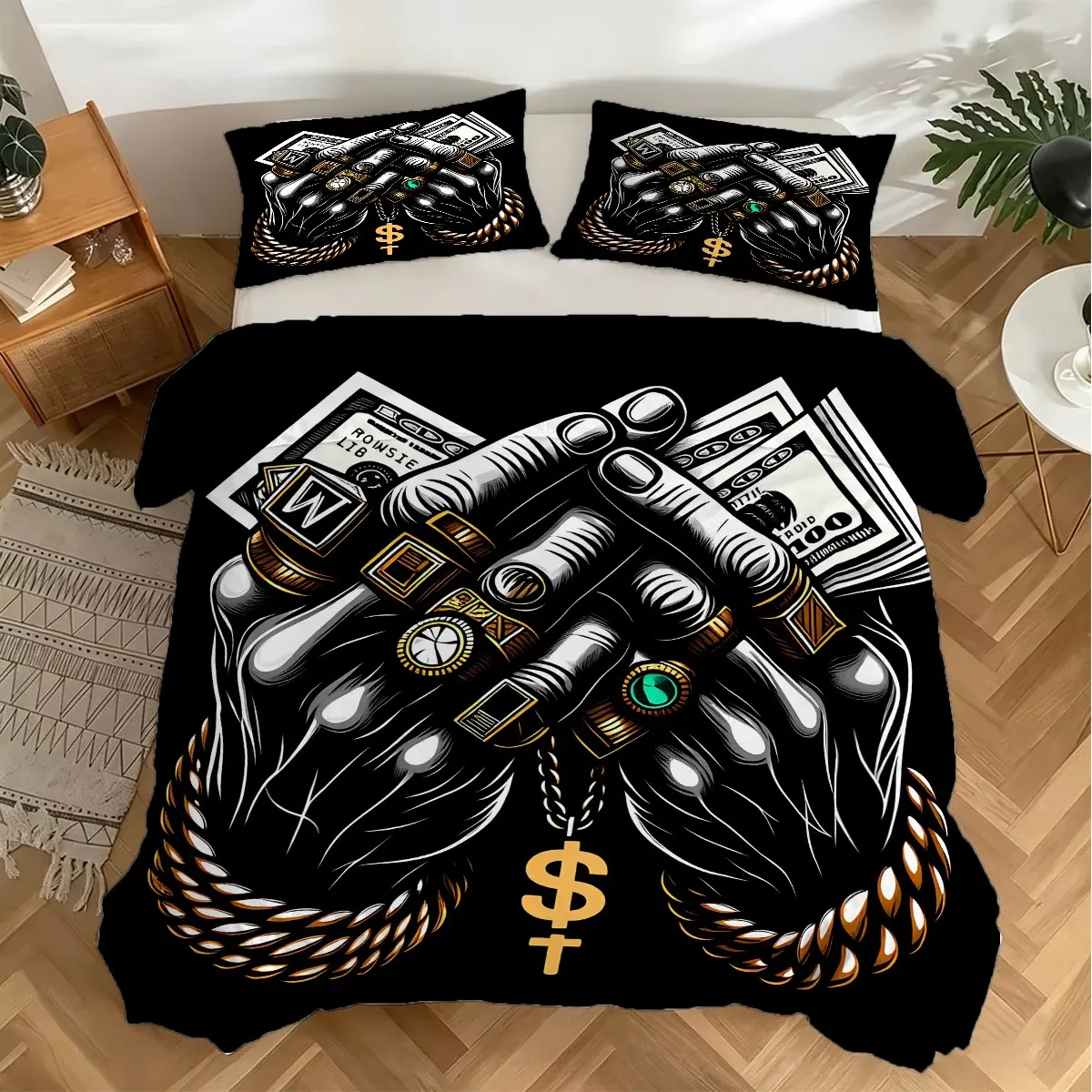 Black Gold Hip‑Hop Money Hand Dollar Sign Duvet Cover Set – 2/3‑Piece Skin‑Friendly Bedding Set, Ideal for Teen Hip‑Hop Fan Bedroom, Street‑Style Room, Man Cave, Game Room & Guest Room All‑Season Use, No Filler