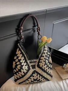 Handwoven Hollow Straw Bag Crochet Crossbody Bag Patchwork Large Capacity Shoulder Bag Bohemian Contrast Color Summer Beach Vacation Tote Casual Multi-Functional Commuting Travel Women Handbag Gift Boho Crossbody Bags