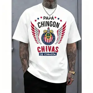 Men's Papa Chingon Crewneck Short-Sleeve Graphic Tee, Unisex Oversized 100% Cotton Menswear, Casual Heart-Themed Chivas de Corazón Soccer Fan Gift