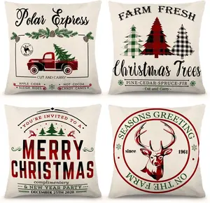 DecorX Vintage Christmas Throw Pillow Covers - Set of 4 Rustic Farmhouse Holiday Decorative Cushion Covers, 18x18 Inches, Cotton Linen christmas romance christmas decoration