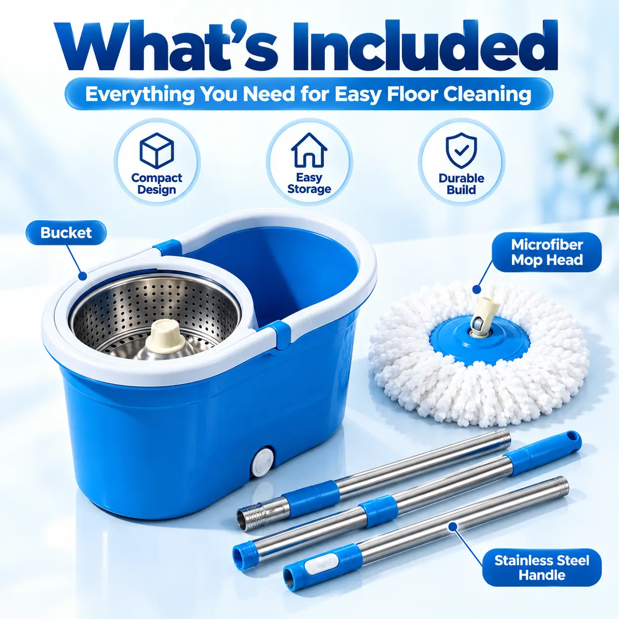 Cleaning Household Spin Mop and Bucket Set with Wringer, 360° Spinning System, 3 Microfiber Replacement Mops