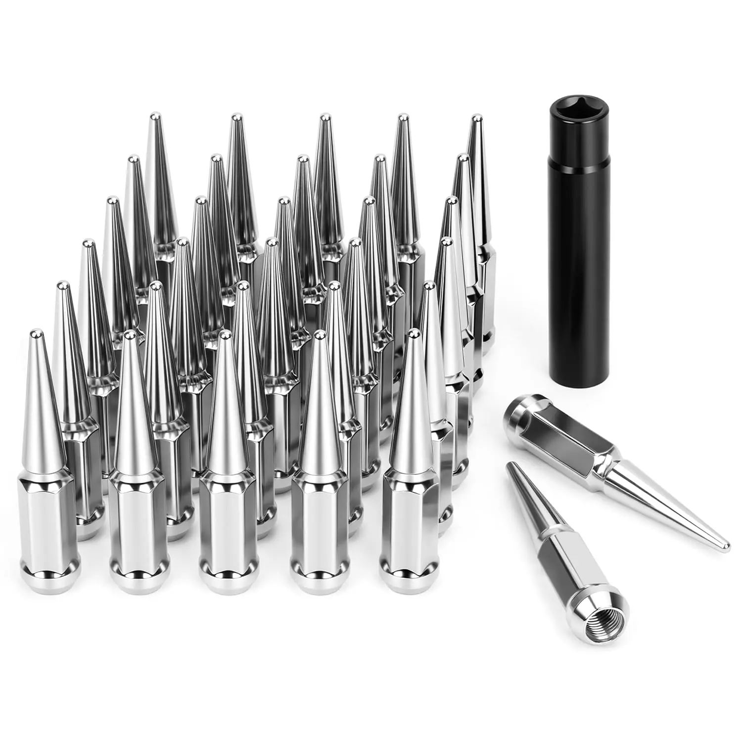 14mmx1.5 Spike Lug Nuts, 32PCS Chrome M14x1.5 Lug Nut, 4.4 inch Tall Closed End Nuts with 1 Socket Key Compatible with 1999-2026 Chevy Silverado 1500 GMC Sierra 2500HD,2003-2026 F250 F350