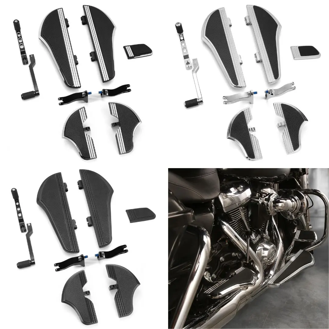 Brand New Billet CNC Aluminum Floorboards & Heel-Toe Shift Levers Set with 1-Piece Brake Pedal for Harley Touring FLT FLHR Trike Tri Special FLHXS Ultra Classic FLHTCUTG Road Glide 1980-Up Models Up to 2017 (With Warranty)