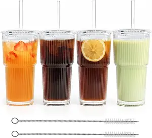 [new deal] - 20 oz Ribbed Glass Tumblers with Lids and Straws – Set of 4 Thickened Glassware, Elegant Durable Ribbed Drinking Glasses Bulk for Iced Coffee Cups, Cocktails, Smoothies, Juice, Hot or Cold Beverages