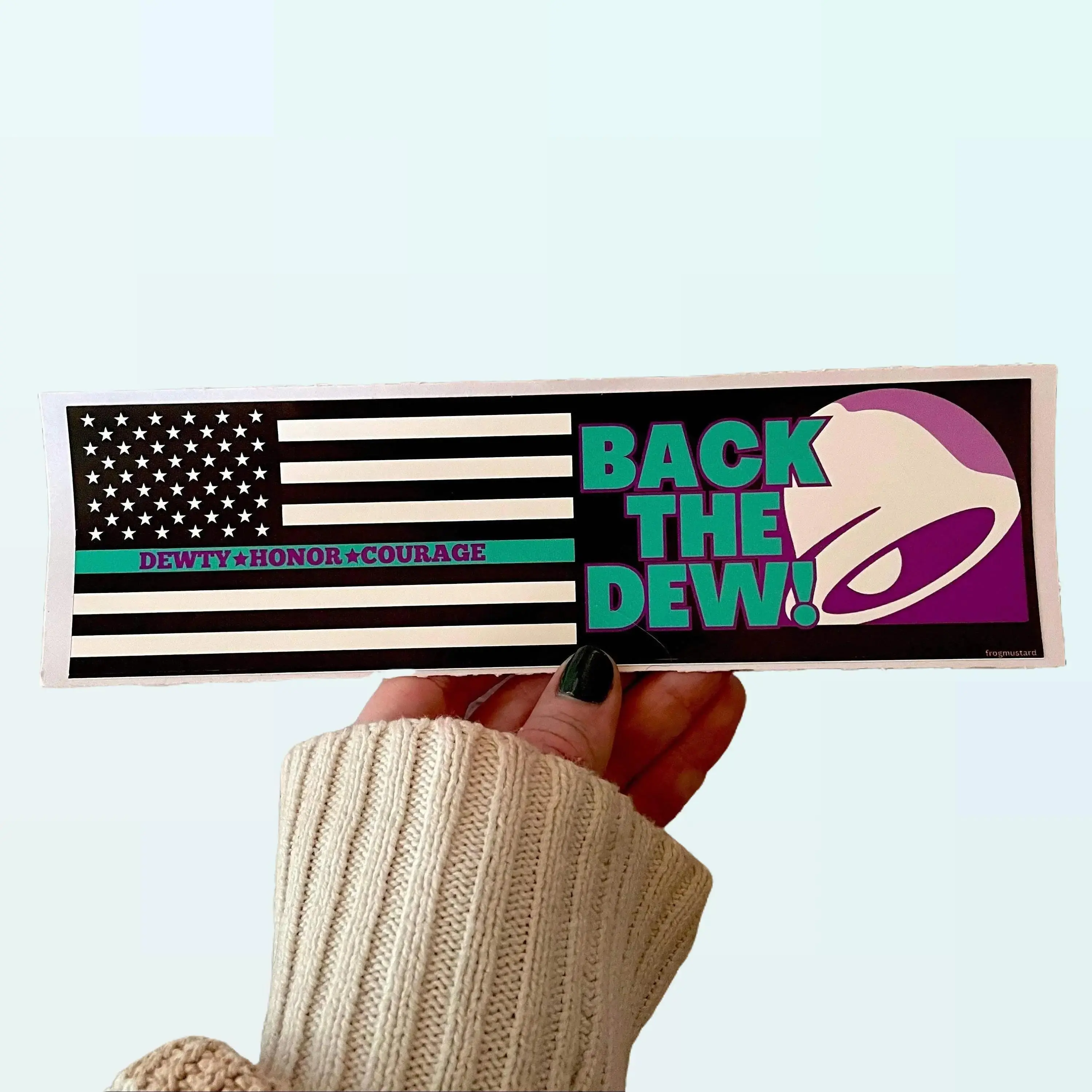 Back the Dew (Baja Blast) Bumper Sticker or Magnet Premium Weatherproof Vinyl 8.5 x 2.5 - Frog Mustard Stickers Decor Decorative Boyfriend Gift Ornaments Tiles Sticker Print Tape