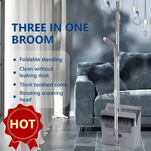 Heavy Duty 3-In-1 Long Handle Broom And Dustpan Combo Set, Hollow Plastic, Cleaning Tool For Indoor And Outdoor Use, Suitable For Bathroom, Kitchen And Household Cleaning, Etc
