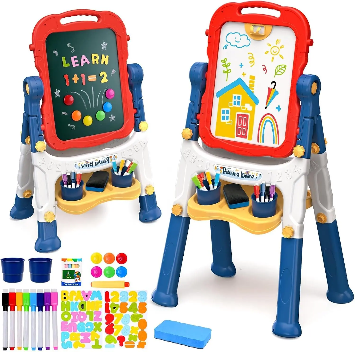 AuntyFey Easel for Kids, Double-Sided Magnetic Chalkboard and Whiteboard Art Easel with 360-Degree Rotation, Adjustable Legs, Magnetic Letters and Numbers, 6 Magnets, Chalk, Markers and Erasers, Toddler Drawing and Learning Station