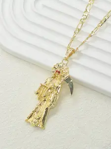 1 Piece 14k Gold Plated Fashion Hip Hop Santa Muerte Death God Pendant Necklace, Unisex Jewelry, Halloween Festival Gift, Religious Accessory