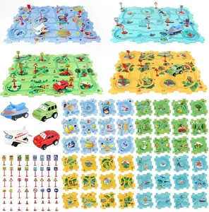 Puzzle Racer Kids Car Track Set  4 Themes Montessori Toys for 3-5 Year Old Boys Educational Play Set with  Puzzles  Road Signs  Toy Cars Safe Durable Easy to Store and Clean