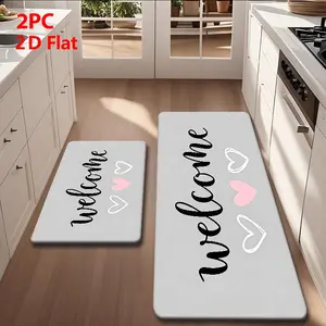 2/3PCS Soft Flannel Kitchen Mat Set, Welcome Heart Design, Non-Slip, Absorbent, Ideal for Bathroom, Laundry Room, Hallway, Kitchen Area Rug, Decorative Rug