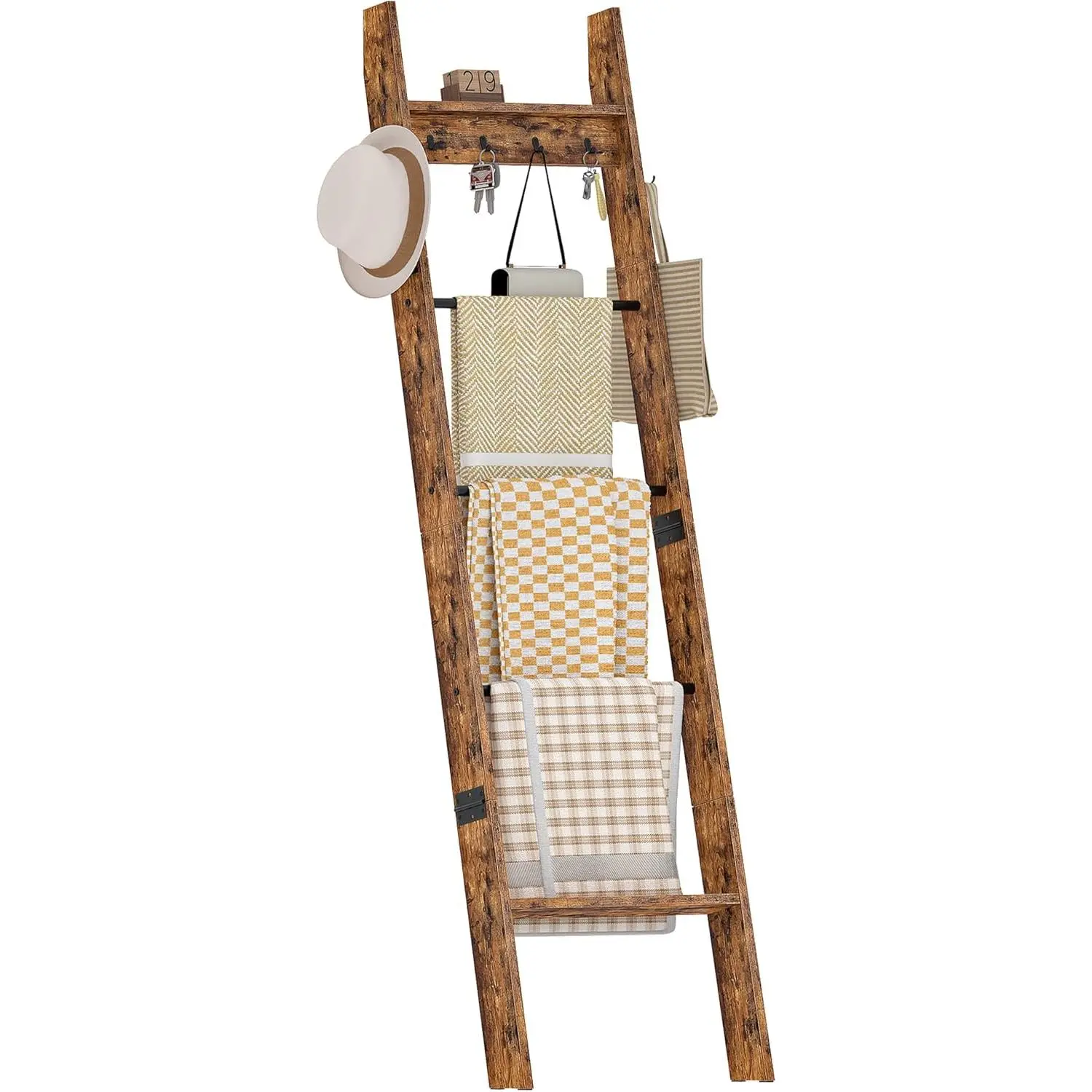 5-Tier Blanket Ladder, Wooden Blanket Display Rack, Towel Ladder with Hooks, Wall Leaning Display Shelf, for Living Room, Bedroom, Balcony, Rustic Brown and Black MCJ02FG