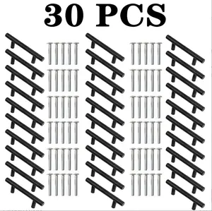 30-Pack Polished Matte Black Stainless Steel Cabinet Handles - 15cm Drawer Pulls, 9.6cm Center-to-Center Hole Spacing, Incluing Hardware, Perfect for Kitchen and Home Drawers