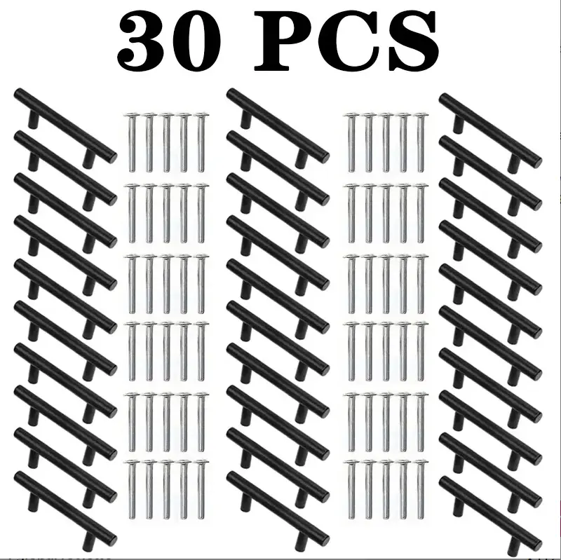 30-Pack Polished Matte Black Stainless Steel Cabinet Handles - 15cm Drawer Pulls, 9.6cm Center-to-Center Hole Spacing, Incluing Hardware, Perfect for Kitchen and Home Drawers