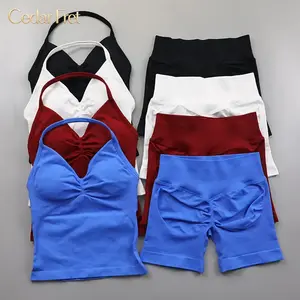 Impact Seamless Yoga Women  Padded Halter Tank Top Scrunch Butt Lifting Gym Shorts Summer Sportswear Workout Clothes Leggings Set Casual Crop Tracksuit jogger running