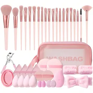 Fashion pink makeup brushes set powder foundation blush contour sponge puff storage bag gift for novice learners daily home office makeup