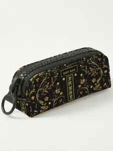 Gold Floral Pattern Pencil Bag, Large Zipper Storage Bag, Durable Polyester, School Supplies and Stationery, All Seasons