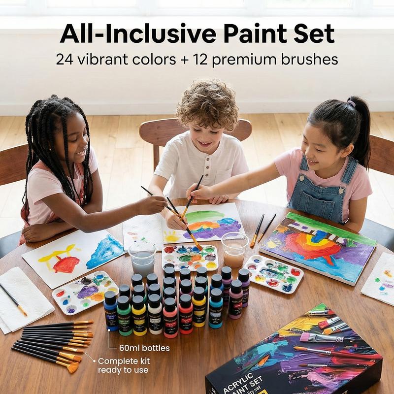 Acrylic Paint Set (2 oz/Bottles) with 12 Art Brushes, Premium Art Supplies for Canvas, Wood, Ceramic & Fabric, Rich Pigments for Beginners, Students & Professional Artists, Valentinesdaygift