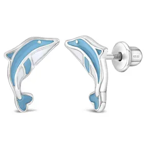 Swimming with Dolphins Light Blue Kids / Children's / Girls Earrings Screw Back Enamel - Sterling Silver