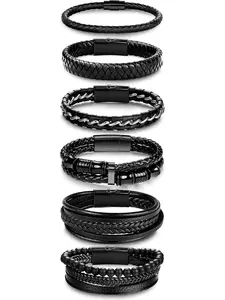 6Pcs Black Leather Bracelets for Men Women Braided Leather Mens Bracelet Wristband Cuff Bracelets Set