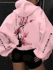 Trendy Casual Women's Cherry Blossom & Japanese Text Hoodie, Loose Fit Pullover Sweatshirt, Pure Desire & Japanese Aesthetic Style, Influencer Favorite