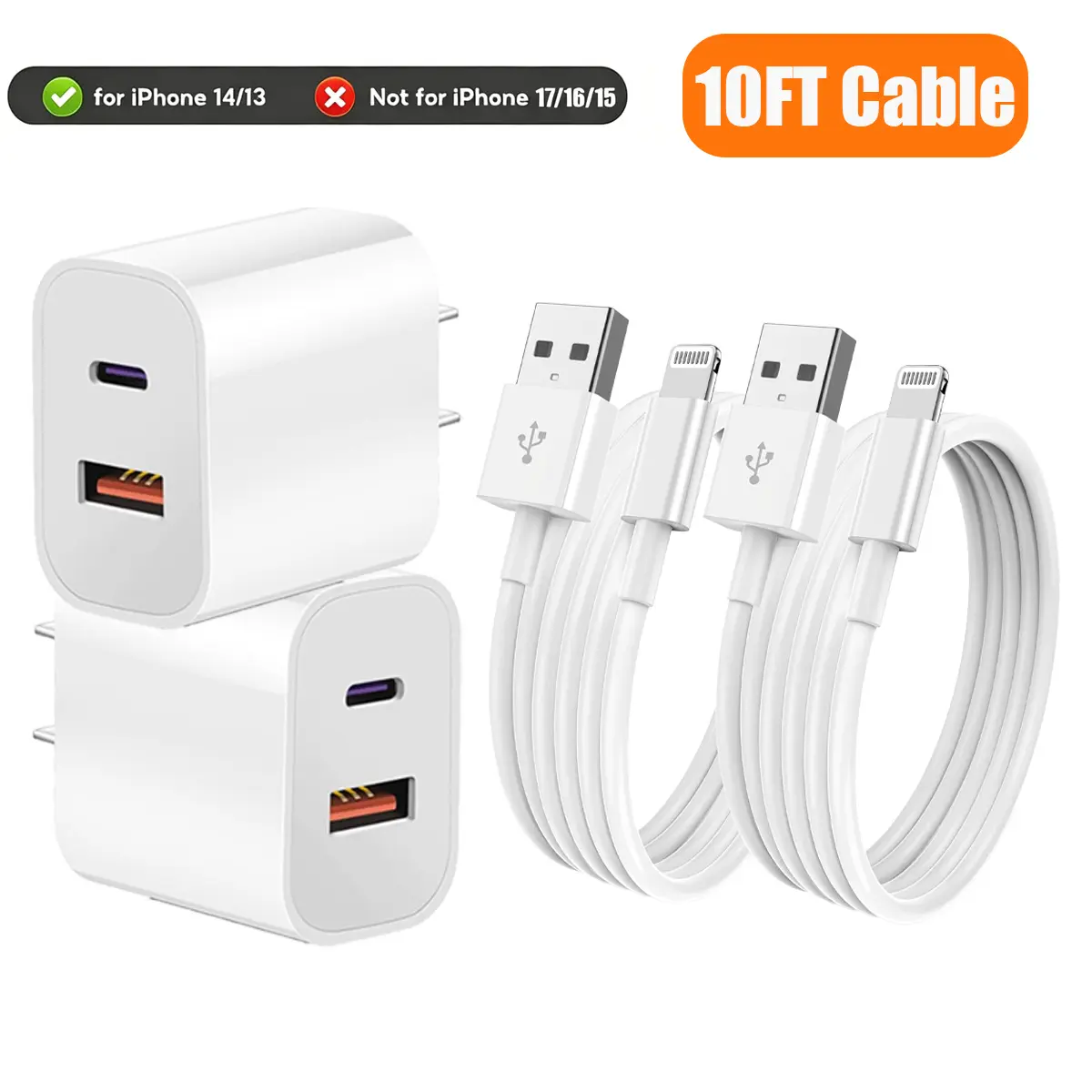 For iphone 14 Charger set [20W+18W] USB-C + USB-A chargers, multi-port fast charging adapter，comes with USB-A to Lightning data cable, suitable for iPhone 14/13/12/11/XR/XS/SE/iPad Smartphone Cellphone