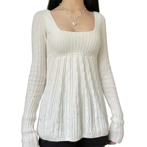 Women's Square Neck Cable-Knit Sweaters - Long Sleeve Casual Loose Fit 60% Cotton Blend 40% Acrylic Pullover Top, Fall Winter Wear, Cold Wash Hang-Dry Simple Care, Do Not Bleach