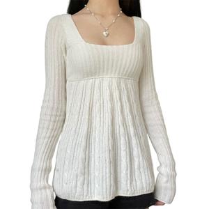 Women's Cable Knit Sweater Tops, Long Sleeve Square Neck Solid Color Loose Fit T-Shirts, Cozy & Casual Knit Sweaters for Fall & Winter
