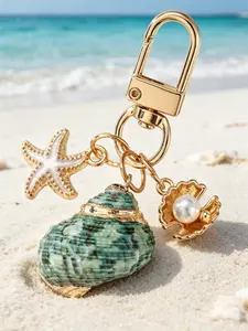 1pc Asymmetrical Shell, Starfish, And Conch Wallet Pendant Decorative Keychain, Nautical Keychain, Ocean Element Conch And Starfish Keyring, Bag Charm For Girls, Vacation Style Accent Piece, Versatile Commuter Decoration, Oceanic Elements, Nautical Theme