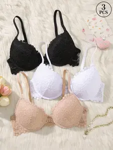 3PCS Women's Front Closure Push-Up Bra , Adjustable Straps, Sexy Elegant Lace Bras for Women, Soft Comfortable Breathable Everyday Wear Holiday Essential