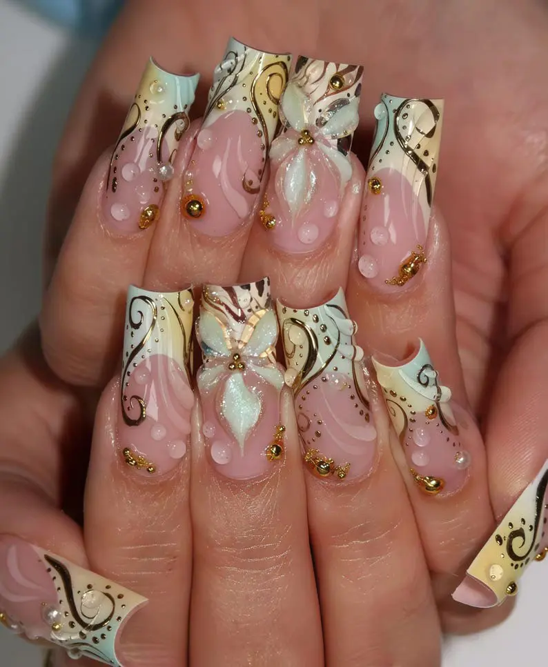 Custom Press On Nails Tropical Flower Green Pink Set – 3D Bloom Floral Nails, Dew Drop Nature-Inspired Nail Art, Vibrant Summer Sparkle Nails, Handmade Reusable Fake Nails for Vacation & Party