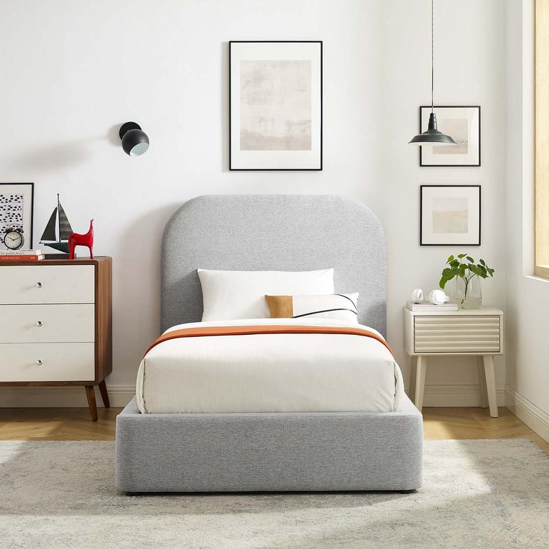 Modway Keynote Upholstered Fabric Curved Twin Platform Bed in Heathered Weave Light Gray