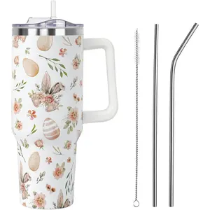 40 oz Vacuum Insulated Stainless Steel Water Bottle - Portable Easter Tumbler with Handle, Straw Lid, Leak-Proof Cute Bunny Rabbit Ear Eggs Floral Design, Reusable Coffee Cup for Women, Spring Easter Gift