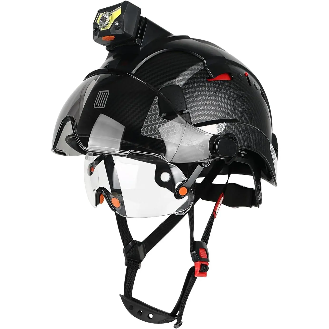 ANSI/ISEA Z89.1 Certified Safety Hard Hat with Vents, 6-Point Susp., Integrated Visor (Outer Tinted, Detachable Dual), Headlamp, Storage Bag & Accessories, Meets ANSI Z89.1 and CE Standards for Industrial Use, Outer Tinted Visor