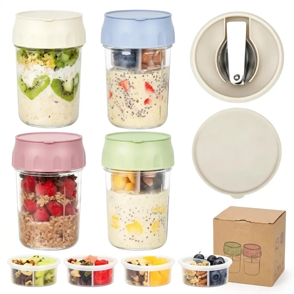 16oz Leakproof Airtight Reusable Overnight Oats Containers with Lids, Folding Spoons & Divided Compartments - Small Glass Mason Jars Food Storage Organizer for Fruit, Nuts - Portable Meal Prep Set