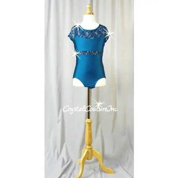 Teal Short-Sleeved Lycra Leotard with Floral Lace and Swarovski Rhinestones