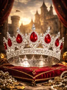 The Armored Kingdom Ruby Red Queens Crown(Silver)-Royal Tiara-Deep Red Gems-Silver Finish