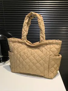 Solid Color Puffer Shoulder Bag with Double Pockets Perfect for Valentine's Day Gift, Large Capacity Tote Bag with Water Bottle Pocket, Rhombus Embossed Quilted Shoulder Bag, Casual Commuter Bag, Quilted Purse Bags, Quilted Puffy Bag