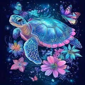 1PC, [Magical Turtle and Flowers], 5D diamond painting, frameless, includes toolkit. Fully synthetic round diamond painting, diamond art embroidery kit, suitable for home decor, handmade casual stress-relief gift