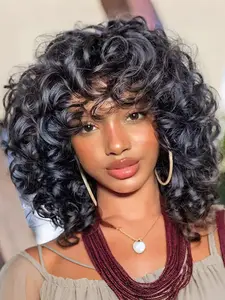 Short Fluffy Curly Wigs for Women, Soft Gorgeous Loose Wig with Bangs, Curly Bob Wig, Synthetic Wigs for Daily Vintage and Costume Party Use, Synthetic Material Wigs（14 Inch）