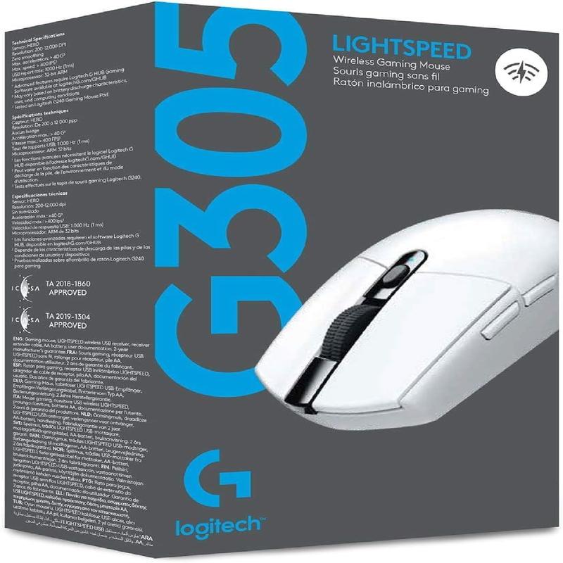 Logitech G305 LIGHTSPEED Wireless Gaming Mouse, Hero 12K Sensor, 12,000 DPI, Lightweight, 6 Programmable Buttons, 250h Battery Life, On-Board Memory, PC/Mac - White White Mouse