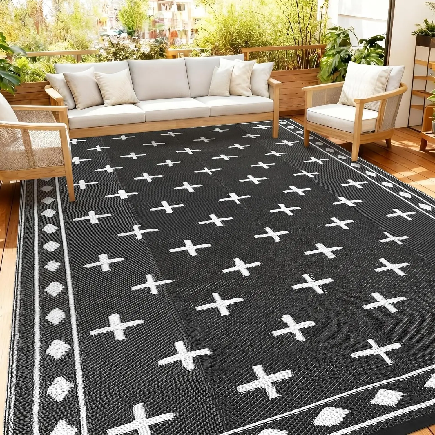 9x12ft 320GSM PP Woven Reversible Flatweave Outdoor Casual Rug, Waterproof Foldable Portable Black & White Rug with Storage Bag for RV Camping, Garden Decoration, Home Decor, Flatweave Outdoor Rug