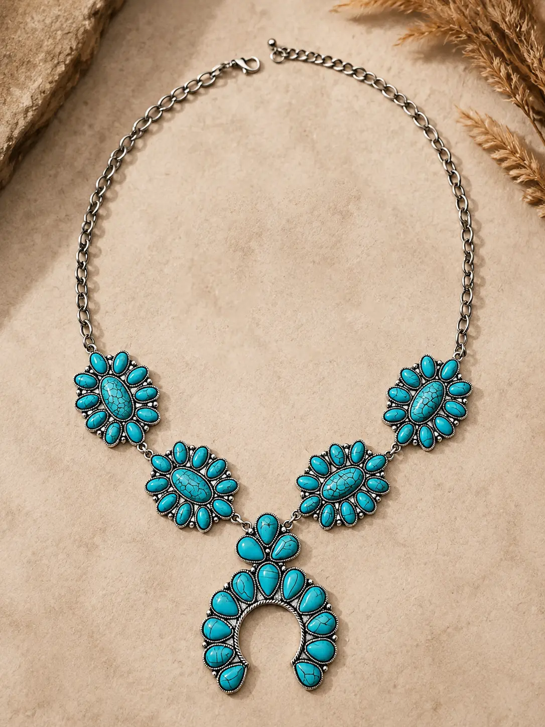 UA#10 Vintage Turquoise Squash Blossom Necklace with Horseshoe Pendant for Boho & Western Outfits, Perfect Gift for Women Casual Trendy Jewelry, Brass Alloy, Long, Retro, Decorative Necklace, Western Accessories, Female, Vibrant
